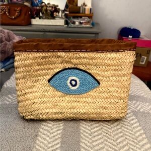 Woven Straw Clutch with Blue Evil Eye Design